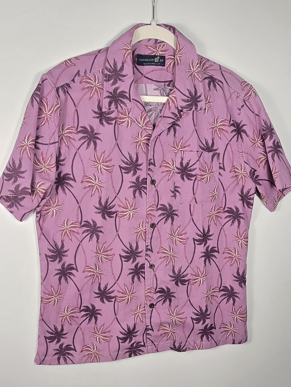 Caribbean Joe Pink and Purple Palm-Print Short Sleeve Button-Down Shirt